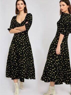 Ghost London Black Lemon Print Button Front 90’s Inspired Midi Dress